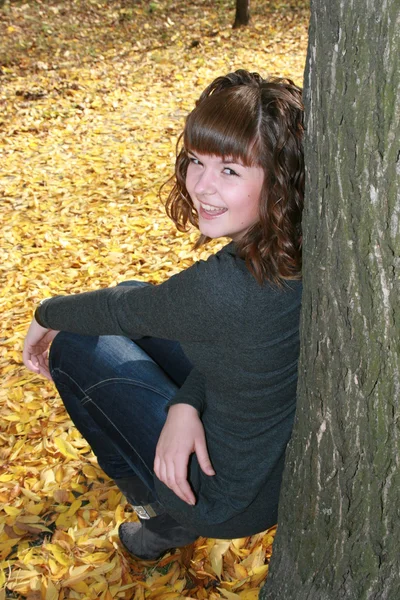 Красивая девушка в осенних листьях — стоковое фото