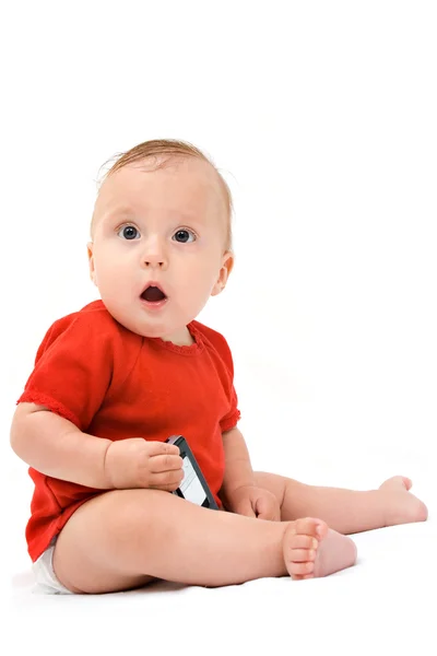 Immagine di bambino in pannolino con cellulare phon — Foto Stock