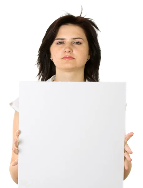 Beautiful girl holding a blank b — Stock Photo, Image