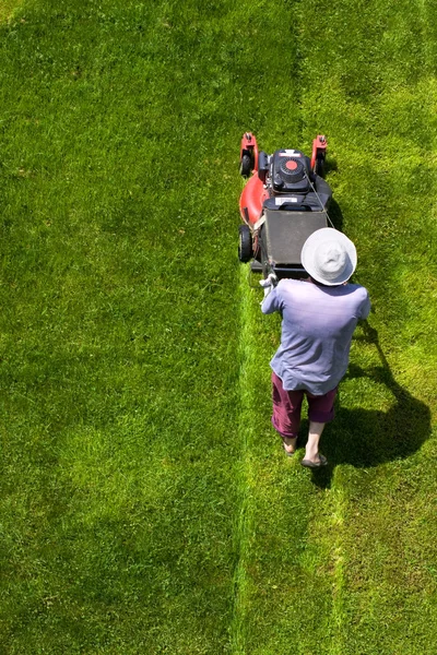 Jardineiro masculino trabalhando com cortador de grama — Fotografia de Stock