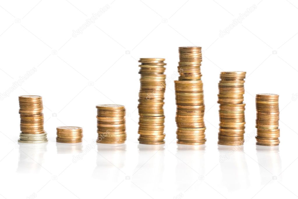 Columns of coins isolated on white color
