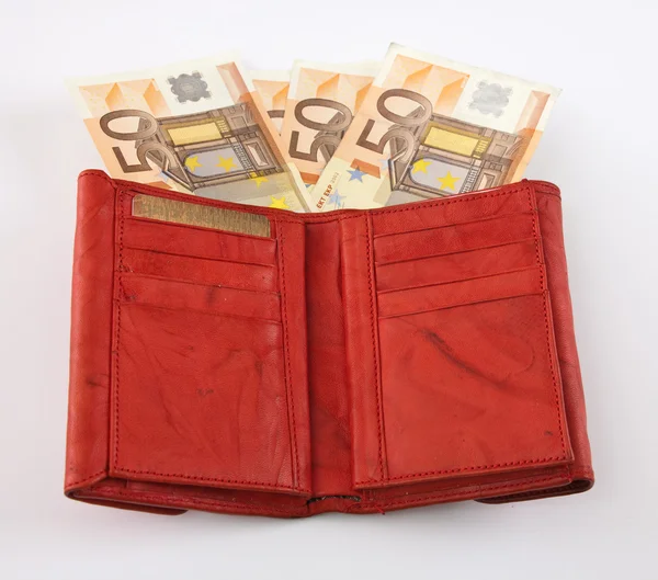 欧元纸币的红色钱包 — 图库照片