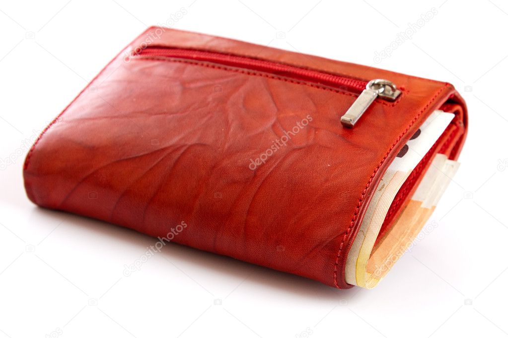 Red wallet with euro notes