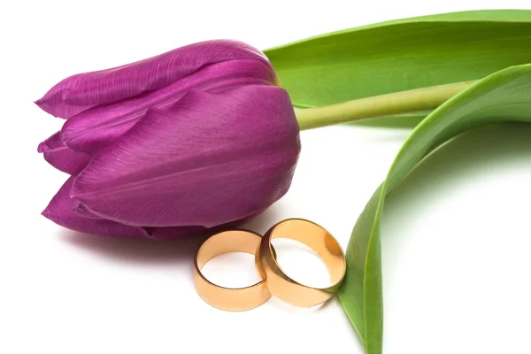 黄金の結婚指輪の花を持つ — ストック写真