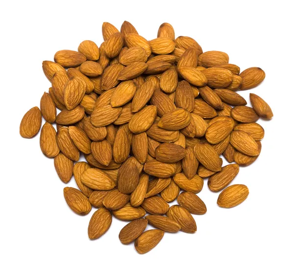 Many almonds nuts on white — Stock Photo, Image