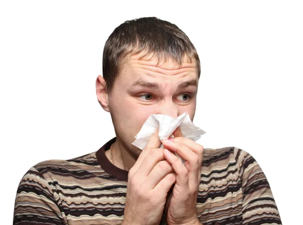 Hombre joven con gripe o alergia — Foto de Stock