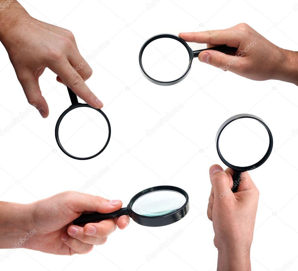 Set of human hands holding magnifier