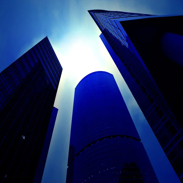 Underside view to business skyscrapers — Stock Photo, Image