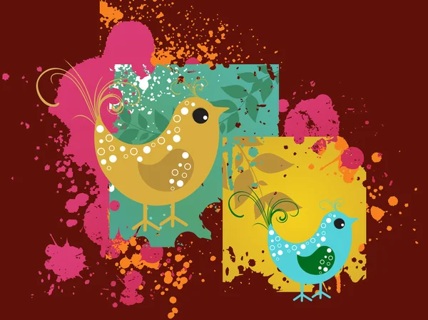 Set of cute birds with grunge background — Stock Vector