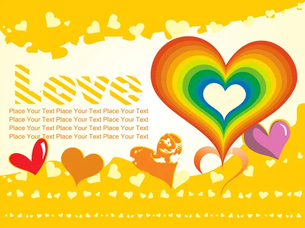 Fondo amarillo con corazón de arco iris — Vector de stock