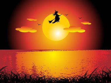 Witch flying on sunset background clipart