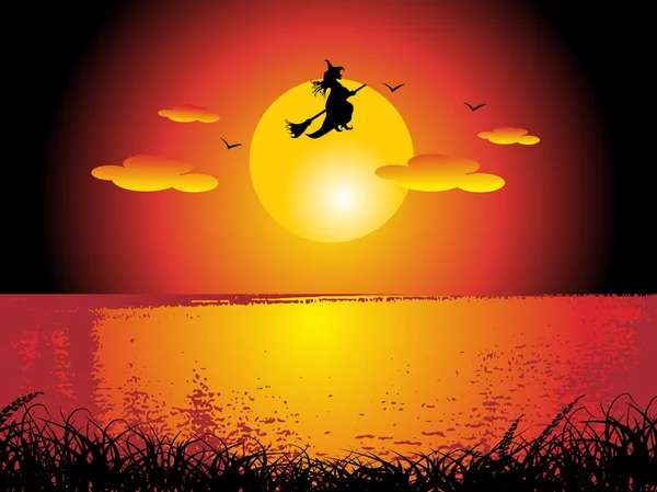 Čarodějnice létající na slunce pozadí — Stockový vektor