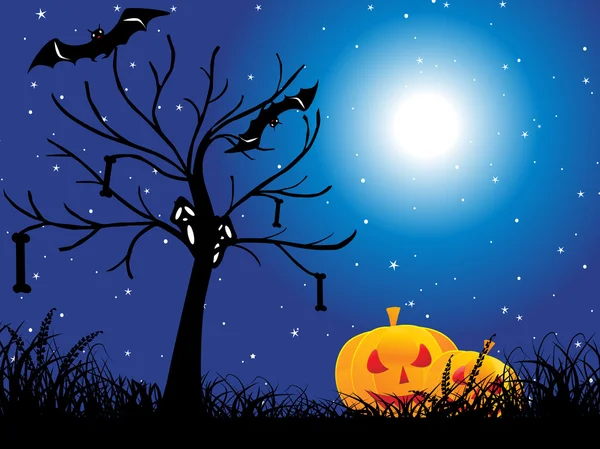 Döda träd, halloween pumpa på gräs — Stock vektor