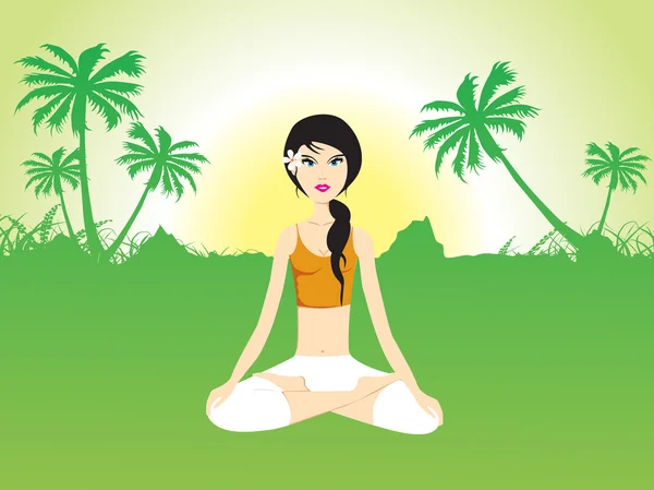 Weibchen machen Yoga auf grünen Wiesen — Stockvektor