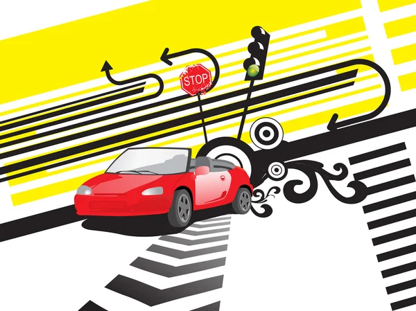 Arrière-plan avec panneau routier, feu de circulation — Image vectorielle
