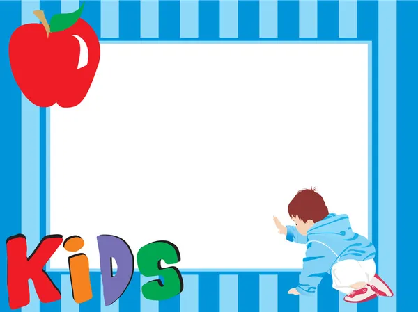 Cadre bleu abstrait avec pomme et enfant — Image vectorielle