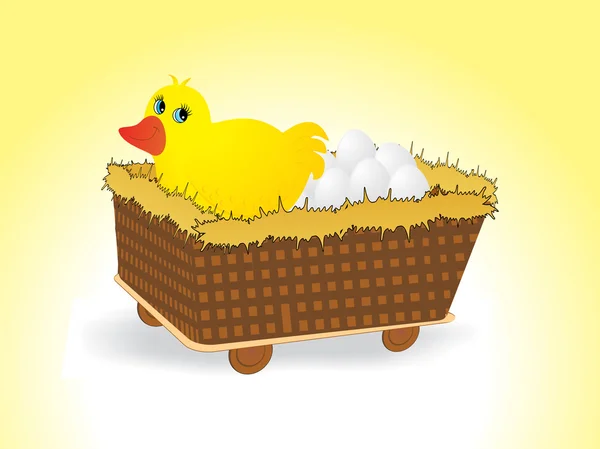 Hen in the cart with eggs, illustration — Stock Vector