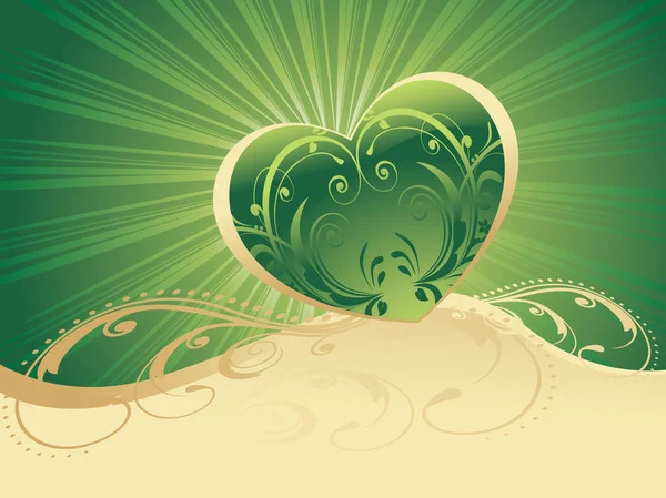 Raios verdes fundo com coração verde — Vetor de Stock