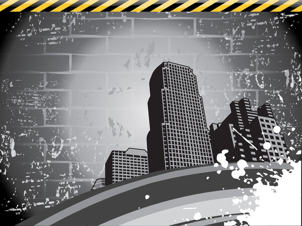 Dirty wall with skyscraper