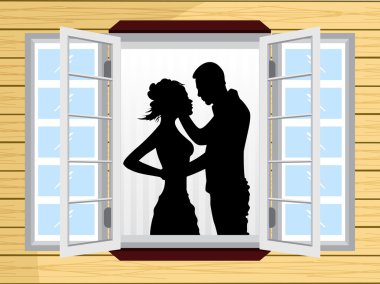 Romantic couple silhouette on window clipart