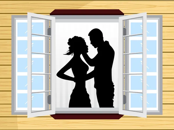 Romantikus pár silhouette ablak — Stock Vector