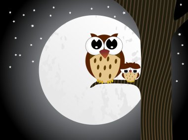 Owl sit on branch with baby owl clipart