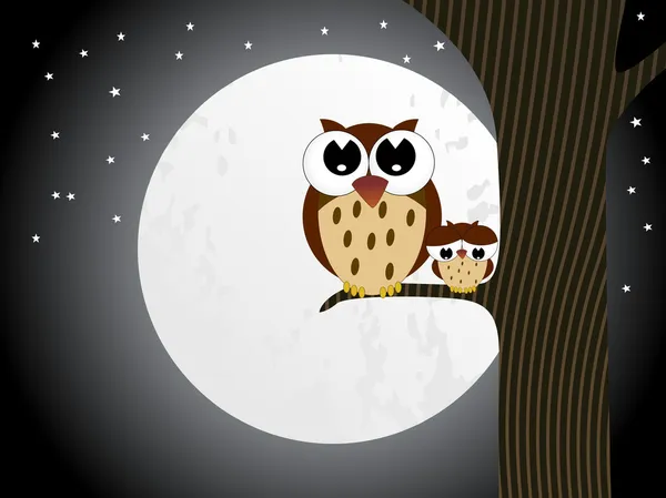 Uggla sitter på gren med baby owl — Stock vektor