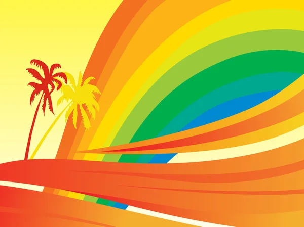 Banner, olas de arco iris y palmera — Vector de stock