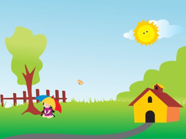 House and girl in green land clipart