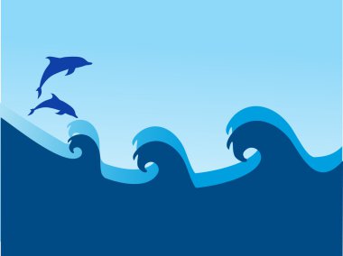 Dolphin and sea wave on blue background clipart