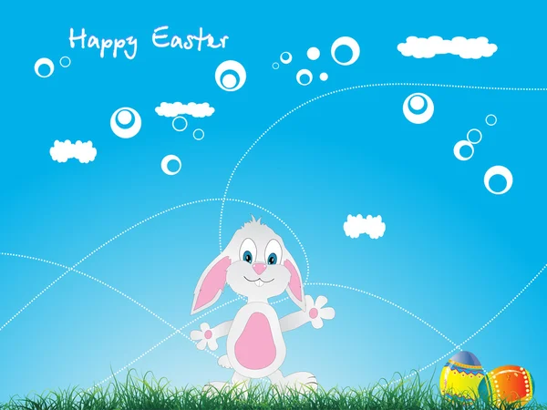 Easter bunny and eggs over green grass — Stock Vector