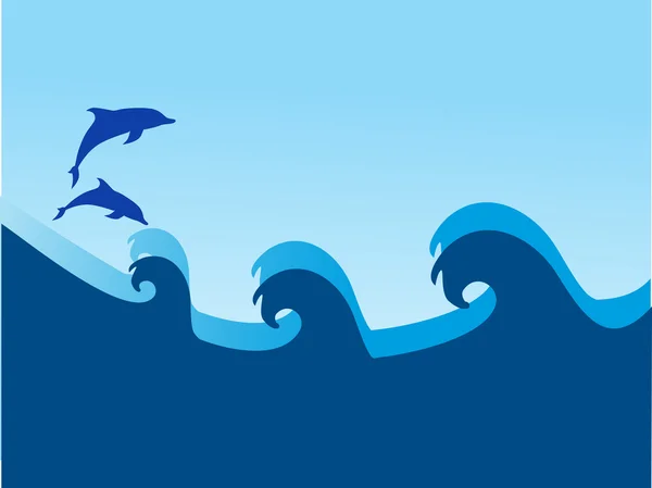Dolphin och havet vinkar på blå bakgrund — Stock vektor