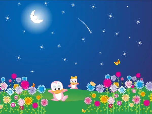 Blomma trädgård i månens ljus — Stockfoto