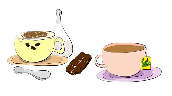 Café y té con chocolate — Vector de stock