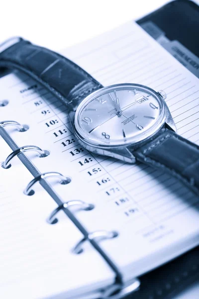 Lederen organisator en horloge geïsoleerd — Stockfoto
