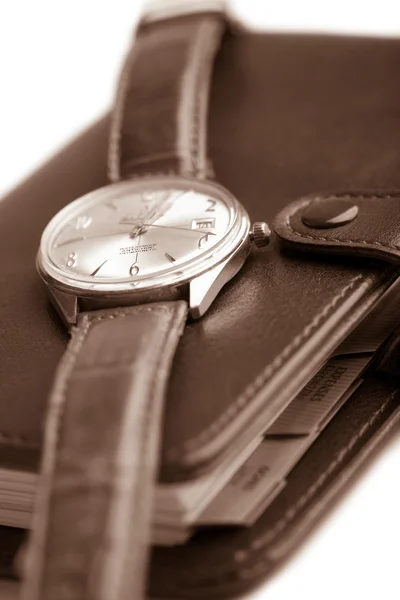 Leather organizer and watch isolated — Stock Photo, Image