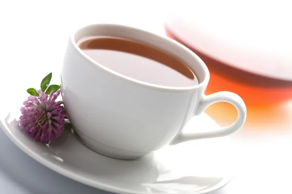 Xícara de chá, bule e flowe trevo — Fotografia de Stock