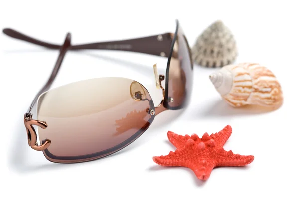 Γυαλιά ηλίου και τα κοχύλια θάλασσας, απομονωμένα — Φωτογραφία Αρχείου