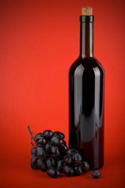 Bottle of wine and grapes over red — Stock Photo, Image