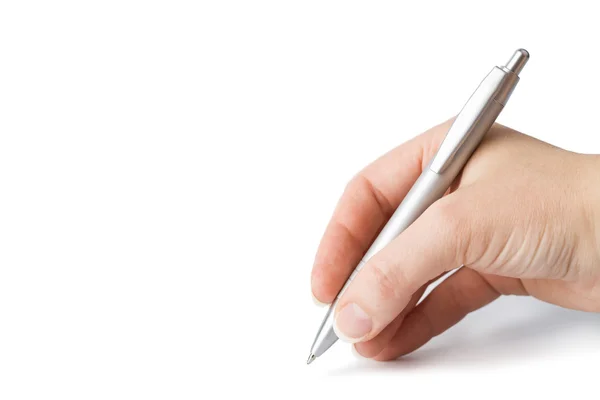 Ręka trzyma długopis na białym tle — Zdjęcie stockowe
