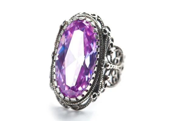 stock image Silver ring with amethyst isolated