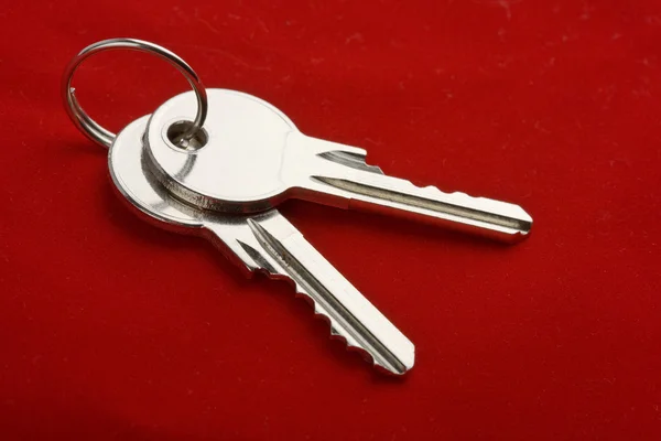 Duas chaves em um anel sobre vermelho — Fotografia de Stock