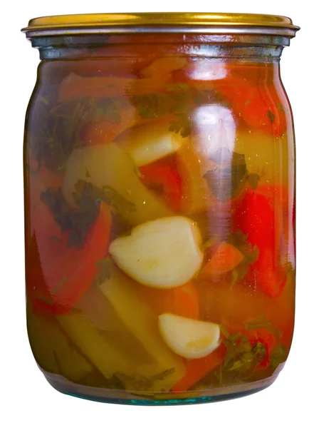 Glass jar with tinned vegetables — Stock Photo, Image