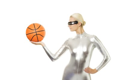 Cyber woman playing basketball clipart