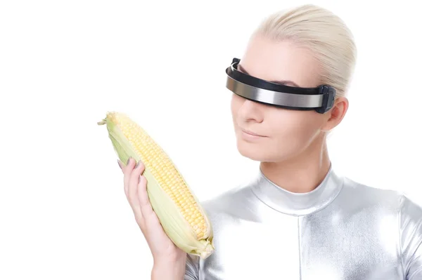 stock image Cyber woman with a corn