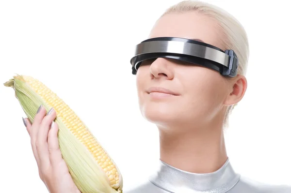 stock image Cyber woman with a corn