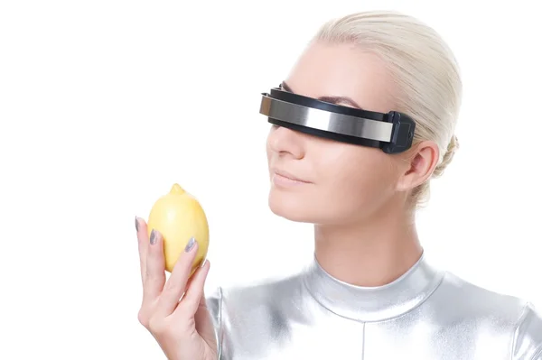 Cyber woman with a fresh lemon — Stock Photo, Image