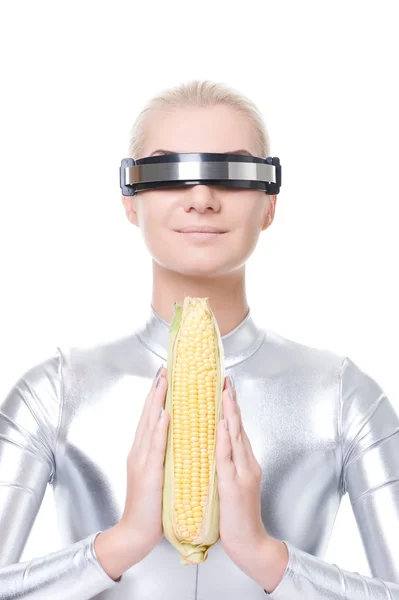 stock image Cyber woman with a corn