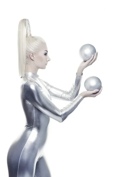 Beautiful cyber woman with silver balls — Stock Photo, Image