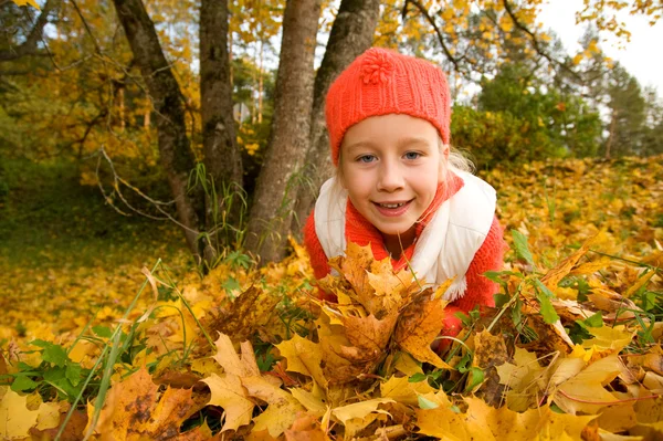 Mooi meisje met Herfstbladeren — Stockfoto